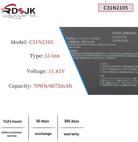 C31N2105 Laptop Battery for Asus VivoBook S 14 K3402ZA M3402QA 14X M3402QA S5402ZA S 15 K3502ZA 15X M3502QA S 16X M5602QA S5602ZA K6602HE M6500QF F1603ZA S1503QA S3502ZA S5402ZA UX3404VC S5602ZA 70Wh in Kuwait