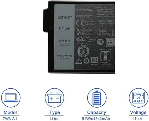 استبدال بطارية الكمبيوتر المحمول JOTACT 7WNW1 51Wh لجهاز Dell Latitude 7424 5424 5420 Rugged Extreme P85G P86G P85G001 P86G001 P137G P137G001 P137G002 Series GK3D3 DMF8C DMF0C 6NNCF DP3KF 11.4V 4342 مللي أمبير 3 خلايا in Kuwait