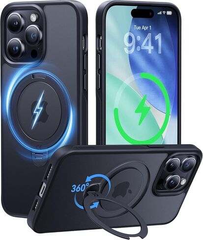 حامل مغناطيسي CASEKOO حاصل على براءة اختراع يدور 360 درجة لهاتف iPhone 16 Pro Max [حماية من السقوط العسكري] [حافة غير قابلة للانزلاق] [متوافق مع MagSafe] غير لامع مقاوم للصدمات لهاتف 16 Pro Max Case 6.9 بوصة، أسود in Kuwait