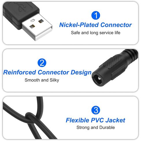 كابل شحن محول USB 2.0 A إلى DC 5.5x2.1 مم من MEIRIYFA، DC5521 أنثى إلى USB نوع A ذكر سلك شحن الطاقة لأجهزة الكمبيوتر المحمول وهواتف الكمبيوتر ومشغل DVD-2 قطعة (0.3 متر، أسود) in Kuwait