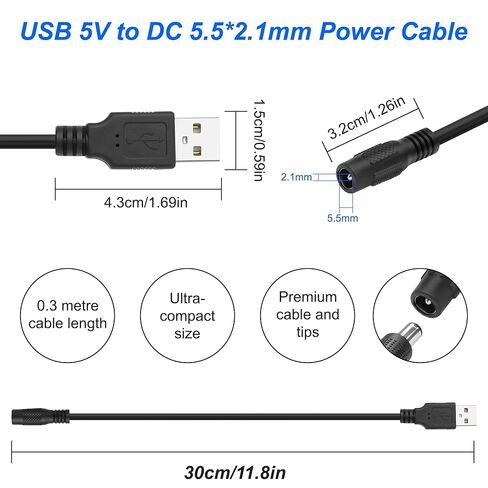 كابل شحن محول USB 2.0 A إلى DC 5.5x2.1 مم من MEIRIYFA، DC5521 أنثى إلى USB نوع A ذكر سلك شحن الطاقة لأجهزة الكمبيوتر المحمول وهواتف الكمبيوتر ومشغل DVD-2 قطعة (0.3 متر، أسود) in Kuwait