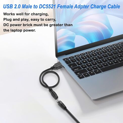 كابل شحن محول USB 2.0 A إلى DC 5.5x2.1 مم من MEIRIYFA، DC5521 أنثى إلى USB نوع A ذكر سلك شحن الطاقة لأجهزة الكمبيوتر المحمول وهواتف الكمبيوتر ومشغل DVD-2 قطعة (0.3 متر، أسود) in Kuwait