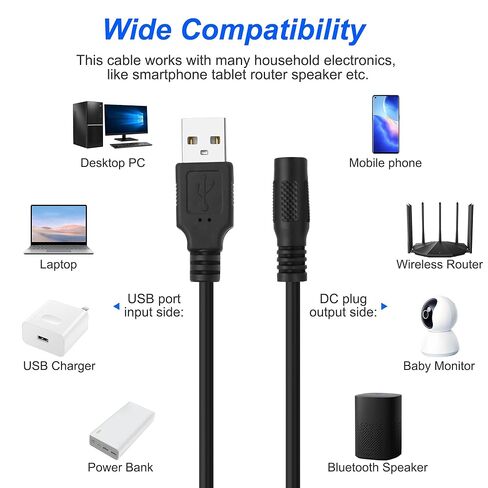 كابل شحن محول USB 2.0 A إلى DC 5.5x2.1 مم من MEIRIYFA، DC5521 أنثى إلى USB نوع A ذكر سلك شحن الطاقة لأجهزة الكمبيوتر المحمول وهواتف الكمبيوتر ومشغل DVD-2 قطعة (0.3 متر، أسود) in Kuwait