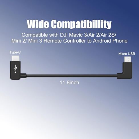 كابل USB من النوع C إلى Micro USB بزاوية قائمة 90 درجة 30 سم، متوافق مع DJI Mavic 3 / Air 2 / Air 2S / Mini 2 / Mini 3 وحدة التحكم عن بعد إلى هاتف Android، الشحن السريع ونقل البيانات، 11.8 بوصة in Kuwait