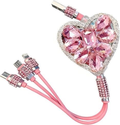 Multi Charging Cable, 3 in 1 Diamond Embedding Multi Charging Cable, Retractable Car Charger with Type-C/Lightning/Micro USB Connectors, Universal for Women Tablets & Phones (Pink) in Kuwait