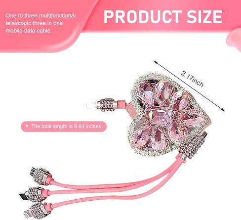 Multi Charging Cable, 3 in 1 Diamond Embedding Multi Charging Cable, Retractable Car Charger with Type-C/Lightning/Micro USB Connectors, Universal for Women Tablets & Phones (Pink) in Kuwait