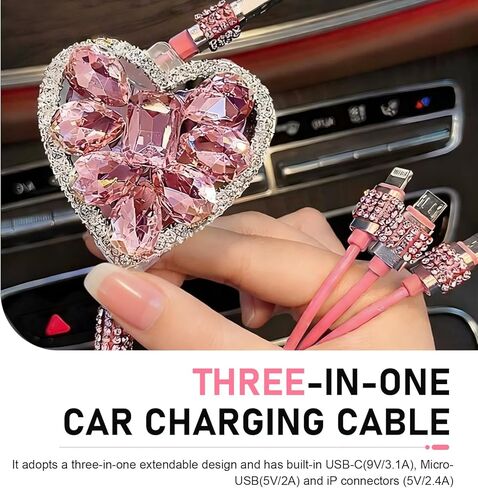 Multi Charging Cable, 3 in 1 Diamond Embedding Multi Charging Cable, Retractable Car Charger with Type-C/Lightning/Micro USB Connectors, Universal for Women Tablets & Phones (Pink) in Kuwait
