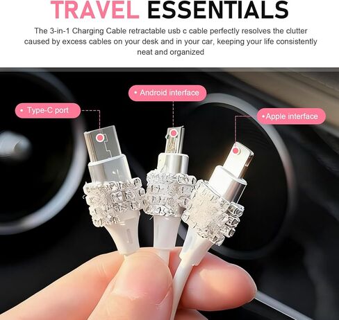 Multi Charging Cable, 3 in 1 Diamond Embedding Multi Charging Cable, Retractable Car Charger with Type-C/Lightning/Micro USB Connectors, Universal for Women Tablets & Phones (Pink) in Kuwait