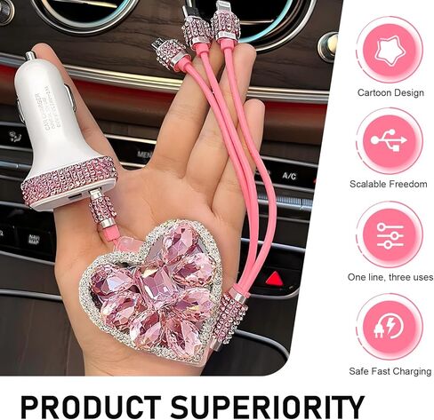 Multi Charging Cable, 3 in 1 Diamond Embedding Multi Charging Cable, Retractable Car Charger with Type-C/Lightning/Micro USB Connectors, Universal for Women Tablets & Phones (Pink) in Kuwait