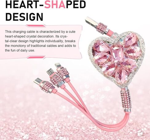 Multi Charging Cable, 3 in 1 Diamond Embedding Multi Charging Cable, Retractable Car Charger with Type-C/Lightning/Micro USB Connectors, Universal for Women Tablets & Phones (Pink) in Kuwait
