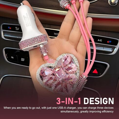 Multi Charging Cable, 3 in 1 Diamond Embedding Multi Charging Cable, Retractable Car Charger with Type-C/Lightning/Micro USB Connectors, Universal for Women Tablets & Phones (Pink) in Kuwait