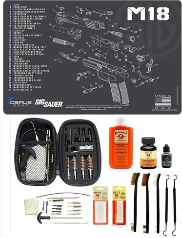 مجموعة أدوات تنظيف المسدس M18 وملحقاتها المتوافقة مع بساط التنظيف Schenatic مسدس Sig Sauer M18 لـ 22.38 9 مم .45 Hoppes Gun Oil & Solvent Clenzoil CLP فرشاة التنظيف واللقطات in Kuwait
