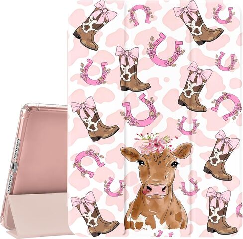 Floral Highland Cow Cowgirl Case for iPad 7th/8th/9th Generation (2019/2020/2021) 10.2" with Trifold Stand Leather Cover, Auto Sleep/Wake, TPU Back Case with Pencil Holder for Girls & Women in Saudi Arabia