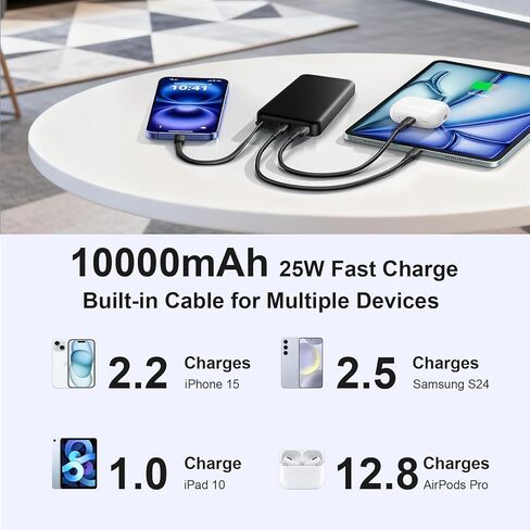 JUOVI 25w Portable Charger 10000mAh Power Bank with Built-in USB C Cable, Battery Pack Charger Portable LED Display Tavel Essential Phone Charger Compatible with iPhone 17/16/15 Series, Samsung, iPad in Saudi Arabia