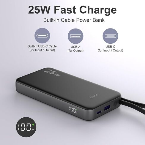 JUOVI 25w Portable Charger 10000mAh Power Bank with Built-in USB C Cable, Battery Pack Charger Portable LED Display Tavel Essential Phone Charger Compatible with iPhone 17/16/15 Series, Samsung, iPad in Saudi Arabia