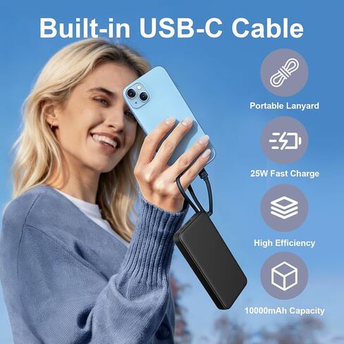 JUOVI 25w Portable Charger 10000mAh Power Bank with Built-in USB C Cable, Battery Pack Charger Portable LED Display Tavel Essential Phone Charger Compatible with iPhone 17/16/15 Series, Samsung, iPad in Saudi Arabia