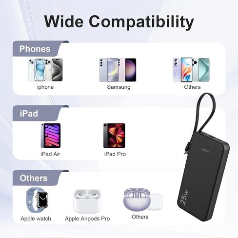 JUOVI 25w Portable Charger 10000mAh Power Bank with Built-in USB C Cable, Battery Pack Charger Portable LED Display Tavel Essential Phone Charger Compatible with iPhone 17/16/15 Series, Samsung, iPad in Saudi Arabia