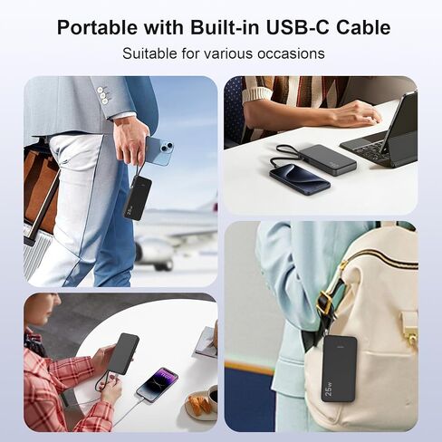 JUOVI 25w Portable Charger 10000mAh Power Bank with Built-in USB C Cable, Battery Pack Charger Portable LED Display Tavel Essential Phone Charger Compatible with iPhone 17/16/15 Series, Samsung, iPad in Saudi Arabia
