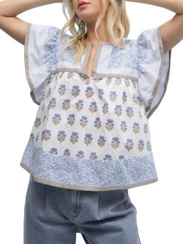 Womens Floral Patchwork Boho Top Ruffle Flutter Sleeve Shirt Y2k Peplum Babydoll Blouses Summer Streetwear in Saudi Arabia