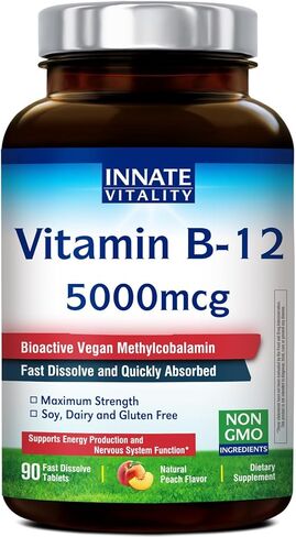 Innate Vitality فيتامين ب12 5000 ميكروجرام، ميثيل كوبالامين نباتي، أقراص سريعة الذوبان، نكهة الخوخ الطبيعية، تدعم إنتاج الطاقة والجهاز العصبي الصحي، 90 قرصًا in Saudi Arabia