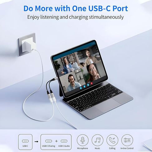 كابل شحن USB C، محول صوت وشحن 2 في 1 USB C، متوافق مع iPhone 16 15 Pro Max، Galaxy S24 S23 S22، Pixel 9 8 7، iPad Pro، أجهزة الكمبيوتر المحمولة والأجهزة اللوحية، محول USBc، USBC Dongle in Kuwait