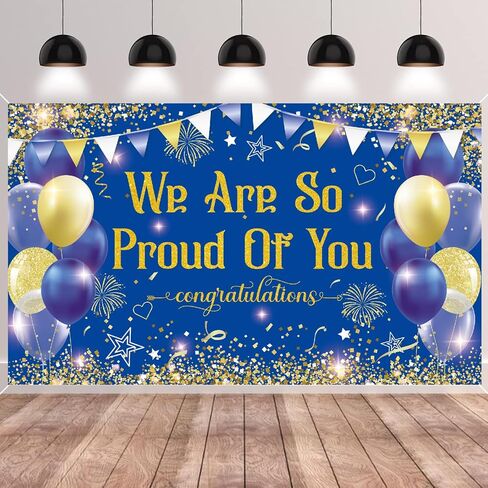 Blue Gold Congratulations We are So Proud of You Backdrop Banner Photography Background Hanging Party Supplies for Graduation Party Decorations Class of 2026 72.8 * 43.3in in Kuwait
