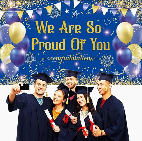 Blue Gold Congratulations We are So Proud of You Backdrop Banner Photography Background Hanging Party Supplies for Graduation Party Decorations Class of 2026 72.8 * 43.3in in Kuwait