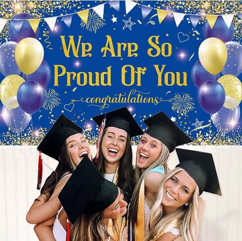 Blue Gold Congratulations We are So Proud of You Backdrop Banner Photography Background Hanging Party Supplies for Graduation Party Decorations Class of 2026 72.8 * 43.3in in Kuwait