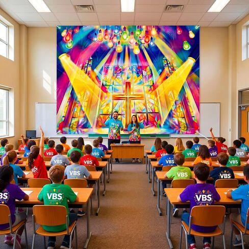 tingjoo vbs 2026 خلفية المسرح 9 × 6 قدم زخارف خلفية الصليب المسيحي إضاءة النيون تحت عنوان الزينة لقضاء عطلة الكتاب المقدس ديكور المدرسة الكنيسة راية توهج مرحلة الصورة كشك الدعائم in Kuwait