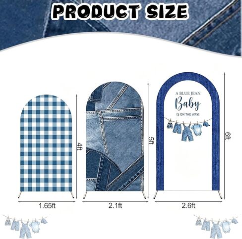 Tingjoo مجموعة من 3 الأزرق جان استحمام الطفل قوس خلفية غطاء 4ft / 5ft / 6ft الأزرق جان استحمام الطفل حفلة عيد ميلاد الديكور الدينيم خليط دنة قوس حامل يغطي لحفلة عيد ميلاد رعاة البقر in Kuwait