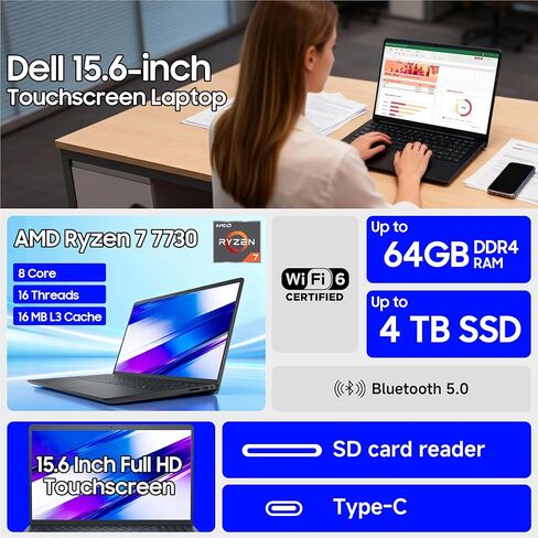 كمبيوتر محمول Dell 15 بشاشة تعمل باللمس للأعمال، 16 جيجابايت DDR4، 512 جيجابايت SSD AMD Ryzen 7 7730U (8 نواة)، شاشة FHD مقاس 15.6 بوصة، بلوتوث 5، كاميرا ويب عالية الدقة، Windows 11 (متجدد) in Kuwait