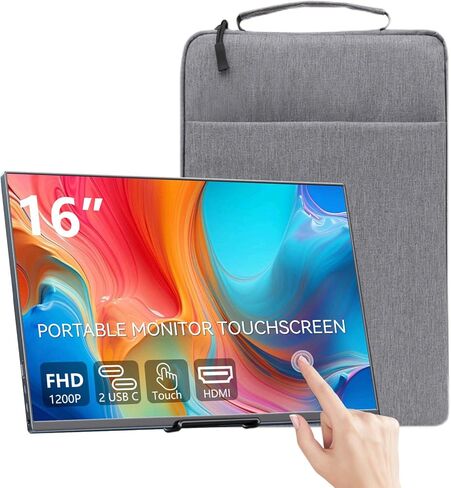 شاشة محمولة تعمل باللمس مقاس 16 بوصة، شاشة ثانية خارجية FHD 1920x1200 IPS، شاشة USB-C HDMI لأجهزة الكمبيوتر المحمول ومحول الهاتف PS5 Xbox Mac in Kuwait