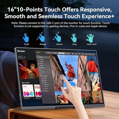 شاشة محمولة تعمل باللمس مقاس 16 بوصة، شاشة ثانية خارجية FHD 1920x1200 IPS، شاشة USB-C HDMI لأجهزة الكمبيوتر المحمول ومحول الهاتف PS5 Xbox Mac in Kuwait