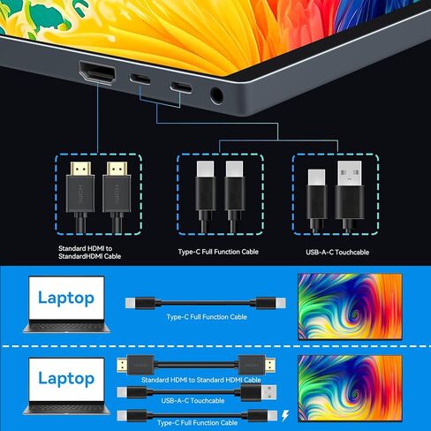 شاشة محمولة تعمل باللمس مقاس 16 بوصة، شاشة ثانية خارجية FHD 1920x1200 IPS، شاشة USB-C HDMI لأجهزة الكمبيوتر المحمول ومحول الهاتف PS5 Xbox Mac in Kuwait