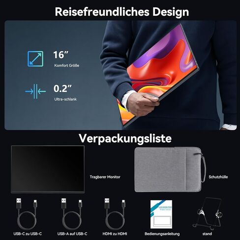 شاشة محمولة تعمل باللمس مقاس 16 بوصة، شاشة ثانية خارجية FHD 1920x1200 IPS، شاشة USB-C HDMI لأجهزة الكمبيوتر المحمول ومحول الهاتف PS5 Xbox Mac in Kuwait