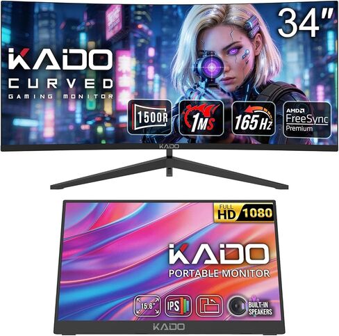 Kado Gaming Office Ultrawide Portable Setup - 34" 21:9 Curved 1500R 3440x1440 165Hz 1ms Computer Monitor, 15.6" 1920x1080 IPS Portable, Gaming Office AMD FreeSync Premium, VESA Mount Built-in Speakers in Kuwait