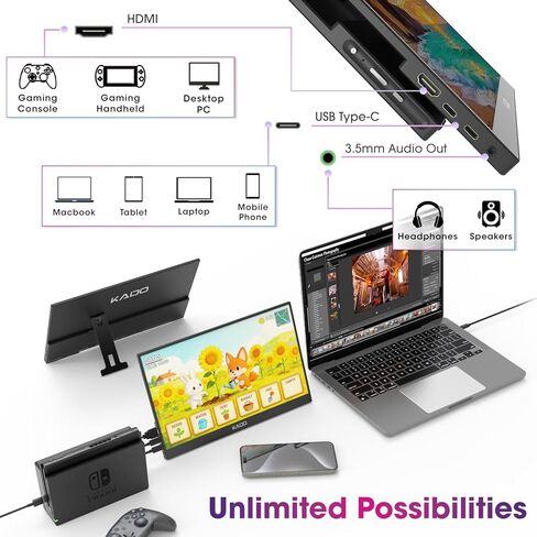 Kado Gaming Office Ultrawide Portable Setup - 34" 21:9 Curved 1500R 3440x1440 165Hz 1ms Computer Monitor, 15.6" 1920x1080 IPS Portable, Gaming Office AMD FreeSync Premium, VESA Mount Built-in Speakers in Kuwait