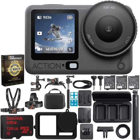 مجموعة DJI Osmo Action 6 Adventure Combo، 4K120 إطارًا في الثانية، مستشعر 1/1.1 بوصة، f/2-f/4، حزمة بطارية 4 ساعات مع غطاء سيليكون Deco Gear Action Kit + بطاقة ذاكرة Sandisk 128 جيجابايت + حزمة حماية معززة لمدة عام من CPS in Kuwait