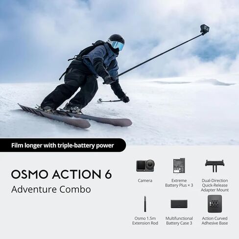 مجموعة DJI Osmo Action 6 Adventure Combo، 4K120 إطارًا في الثانية، مستشعر 1/1.1 بوصة، f/2-f/4، حزمة بطارية 4 ساعات مع غطاء سيليكون Deco Gear Action Kit + بطاقة ذاكرة Sandisk 128 جيجابايت + حزمة حماية معززة لمدة عام من CPS in Kuwait
