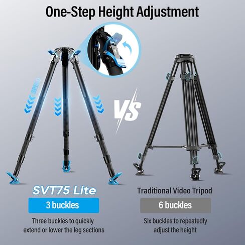 SIRUI SVT75 Lite Carbon Fiber Video Tripod, 8.3"-60.2" Height, 25kg/55.1lbs Load, 3-Buckle One-Step Adjustment, 75mm Half-Bowl, Removable Feet for DSLR Camcorder Cinematic Filming in Kuwait