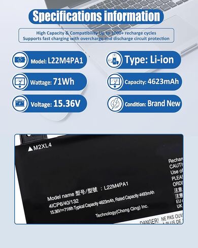 L22M4PA1 L22C4PA1 L22D4PA1 71Wh Battery Replacement for Lenovo Yoga 7 14ARP8 14IRL8 16IRL8 16ARP8 Yoga 7 2-in-1 14IML9 14AHP9 16IML9 16AHP9 Series 4623mAh 15.36V 4-Cell in Kuwait