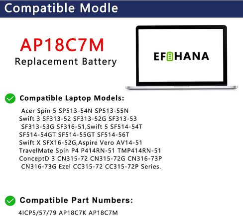 AP18C7M AP18C7K بطارية لشركة أيسر سويفت 3 SF313-52 SF313-52G SF313-53 SF313-53G SF316-51 5 SF514-54T تدور 5 SP513-54N SP513-55N ConceptD 3 CN315-72 CC315-72P 15.4 فولت 55.9 وات في الساعة in Kuwait