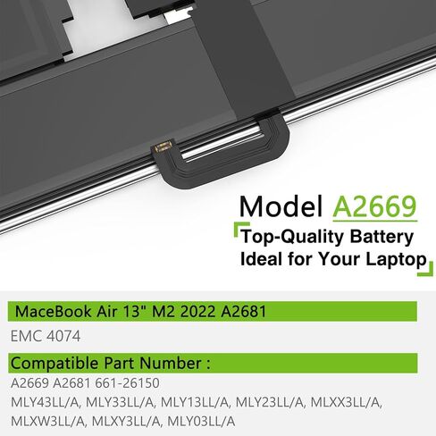 A2669 A2681 بطارية الكمبيوتر المحمول 52.6Wh بديلة لجهاز MacBook AIR 13 بوصة M2 2022 A2681 (EMC 4074) 661-26150 MLY23LL/A MLXX3LL/A MLXW3LL/A MLY33LL/A MLY43LL/A Series 11.54V in Kuwait