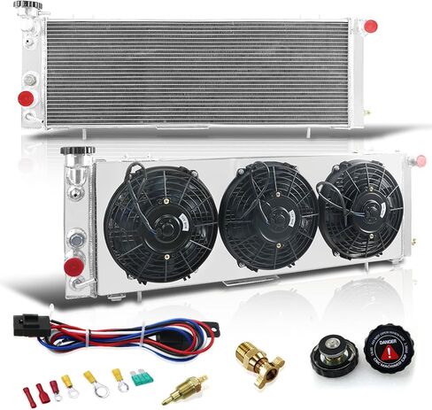 Full Aluminum Radiator Fan Shroud Assembly + 3 x 9" Cooling Electric Fan w/Thermostat Compatible with 1991-2001 92 93 94 95 96 97 98 99 00 Jeep Cherokee XJ/Comanche 2.5 4.0, L4 V6 Auto Engine in Saudi Arabia