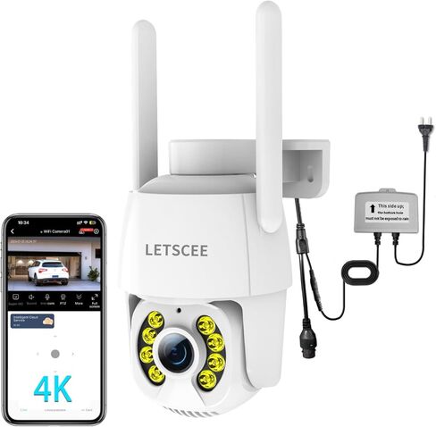 LETSCEE 4K 8MP كاميرا أمان خارجية سلكية، خيارات طاقة مزدوجة، توصيل، 360 درجة عموم 90 درجة إمالة مع تتبع تلقائي، رؤية ليلية كاملة الألوان، صوت ثنائي الاتجاه، مقاوم للماء، تسجيل 24/7، واي فاي 2.4 جيجا هرتز فقط in Kuwait