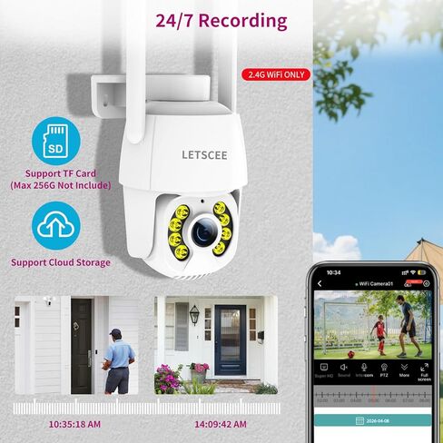 LETSCEE 4K 8MP كاميرا أمان خارجية سلكية، خيارات طاقة مزدوجة، توصيل، 360 درجة عموم 90 درجة إمالة مع تتبع تلقائي، رؤية ليلية كاملة الألوان، صوت ثنائي الاتجاه، مقاوم للماء، تسجيل 24/7، واي فاي 2.4 جيجا هرتز فقط in Kuwait