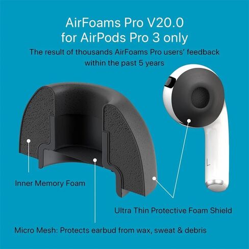 AirFoams Pro Ultimate V20.0 Memory Foam Lifetime Replacement Ear Tips for AirPods Pro 3 – Anti Slip, All Day Comfort, Stays Secure in Ear, Better Sound, Noise Cancelling (3 Pairs Included - S/M/L) in Kuwait