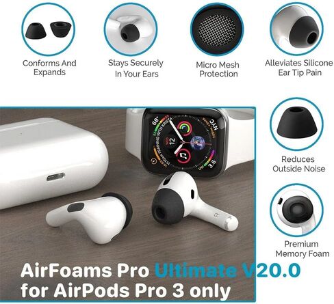 AirFoams Pro Ultimate V20.0 Memory Foam Lifetime Replacement Ear Tips for AirPods Pro 3 – Anti Slip, All Day Comfort, Stays Secure in Ear, Better Sound, Noise Cancelling (3 Pairs Included - S/M/L) in Kuwait