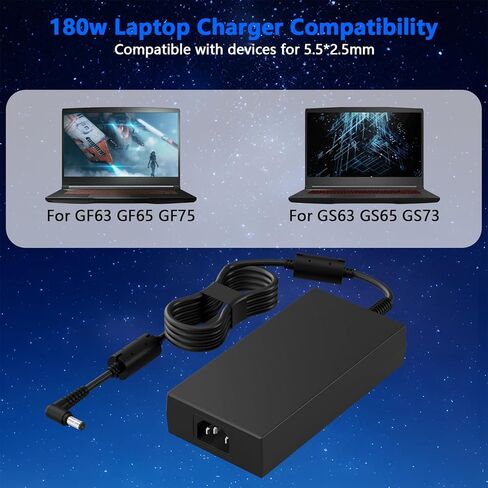 شاحن كمبيوتر محمول 180 وات لأجهزة الكمبيوتر المحمول MSI Gaming، محول طاقة تيار متردد متوافق مع GF63 GF65 GF75 GS63 GS65 GS73 GS75 GS60 GS70 GS40 GF62 سلسلة Stealth رقيقة، سلك إمداد الطاقة in Kuwait