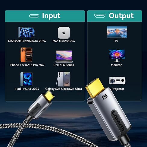 كابل SAMZHE USB C إلى HDMI بطول 5 أقدام، يدعم 8K@60 هرتز، 4K@240 هرتز، سلك مجدول عالي السرعة من النوع C إلى HDMI 2.1، Thunderbolt 3/4/5 متوافق مع سلسلة iPhone 15/16/17، MacBook، iPad، Surface، Galaxy، XPS in Kuwait